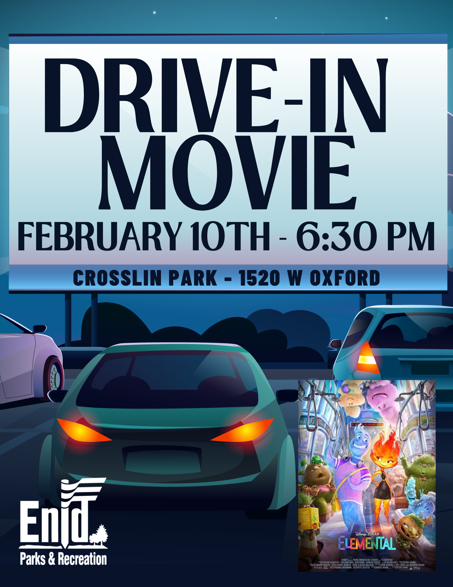 Flyer for City Of Enid Drive-Movie on February Tenth