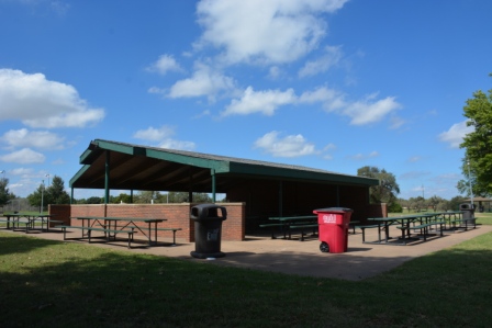 Meadowlake S pavilion 1 from side w picnic benches angled