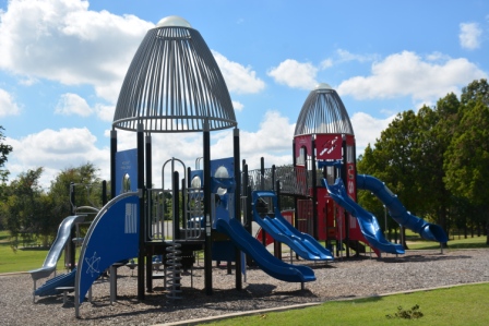 Meadowlake N blue and red rocketships with clouds