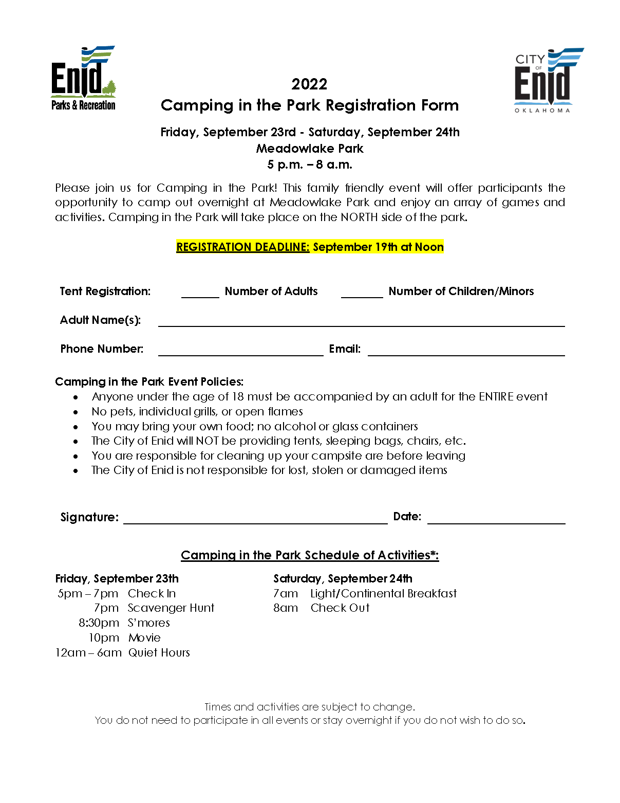 Camping in the Park Registration 2022